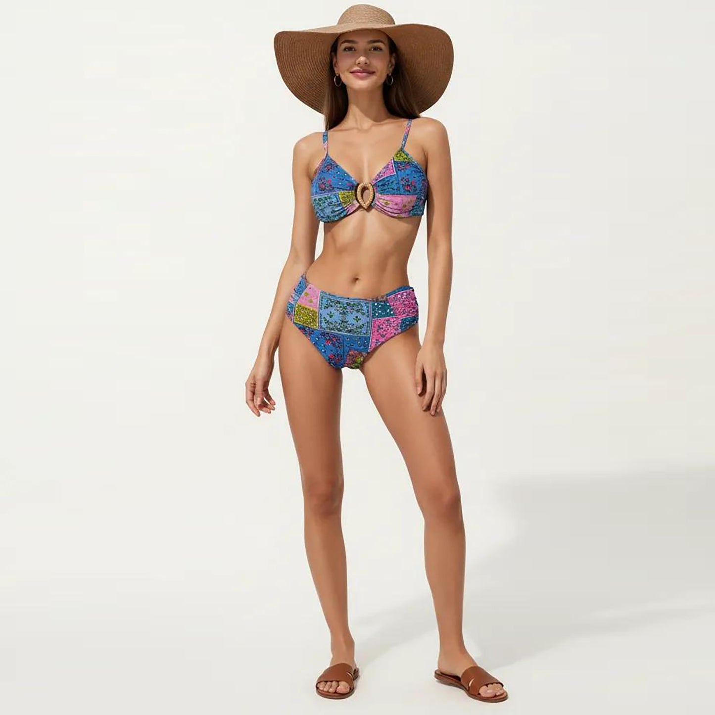 2-Piece High Waisted Bikini Set with Ring Detail Top and Patchwork Print