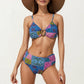 2-Piece High Waisted Bikini Set with Ring Detail Top and Patchwork Print