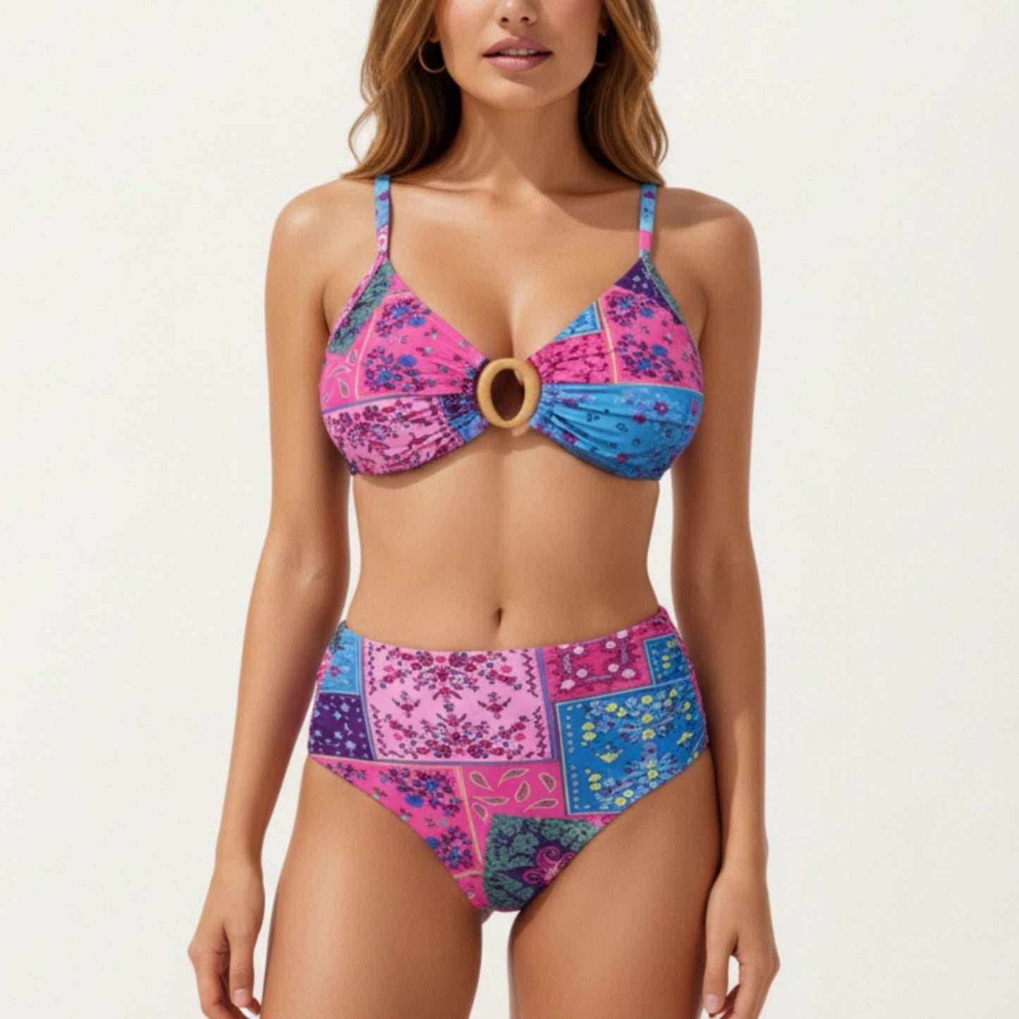 2-Piece High Waisted Bikini Set with Ring Detail Top and Patchwork Print