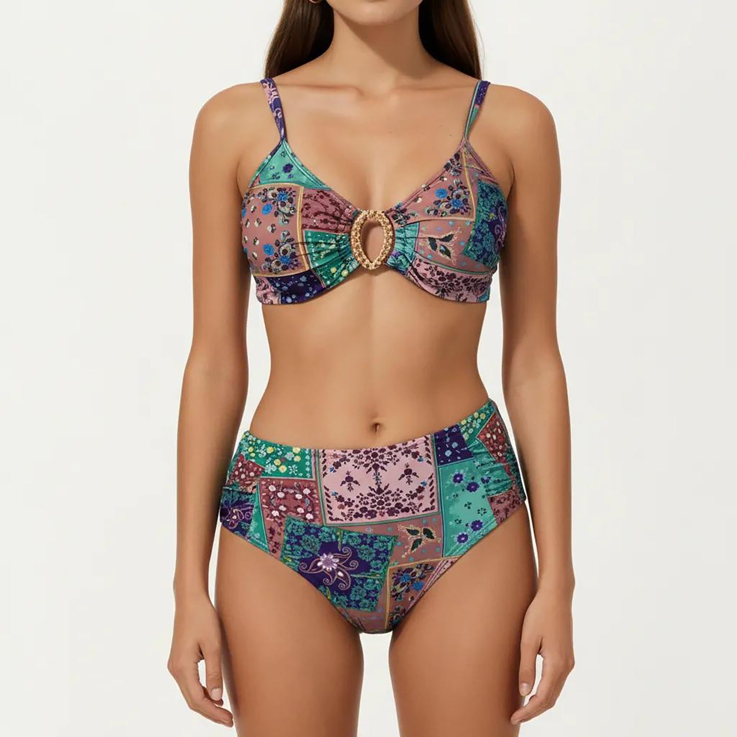 2-Piece High Waisted Bikini Set with Ring Detail Top and Patchwork Print