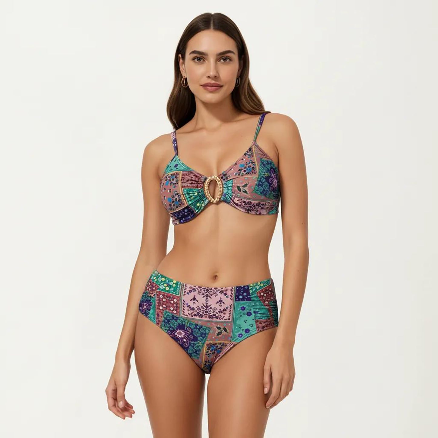 2-Piece High Waisted Bikini Set with Ring Detail Top and Patchwork Print