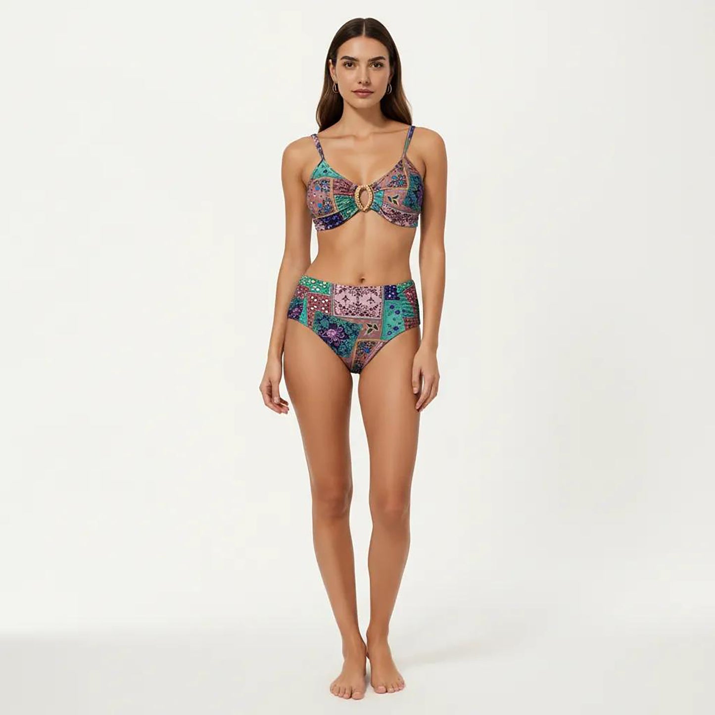 2-Piece High Waisted Bikini Set with Ring Detail Top and Patchwork Print
