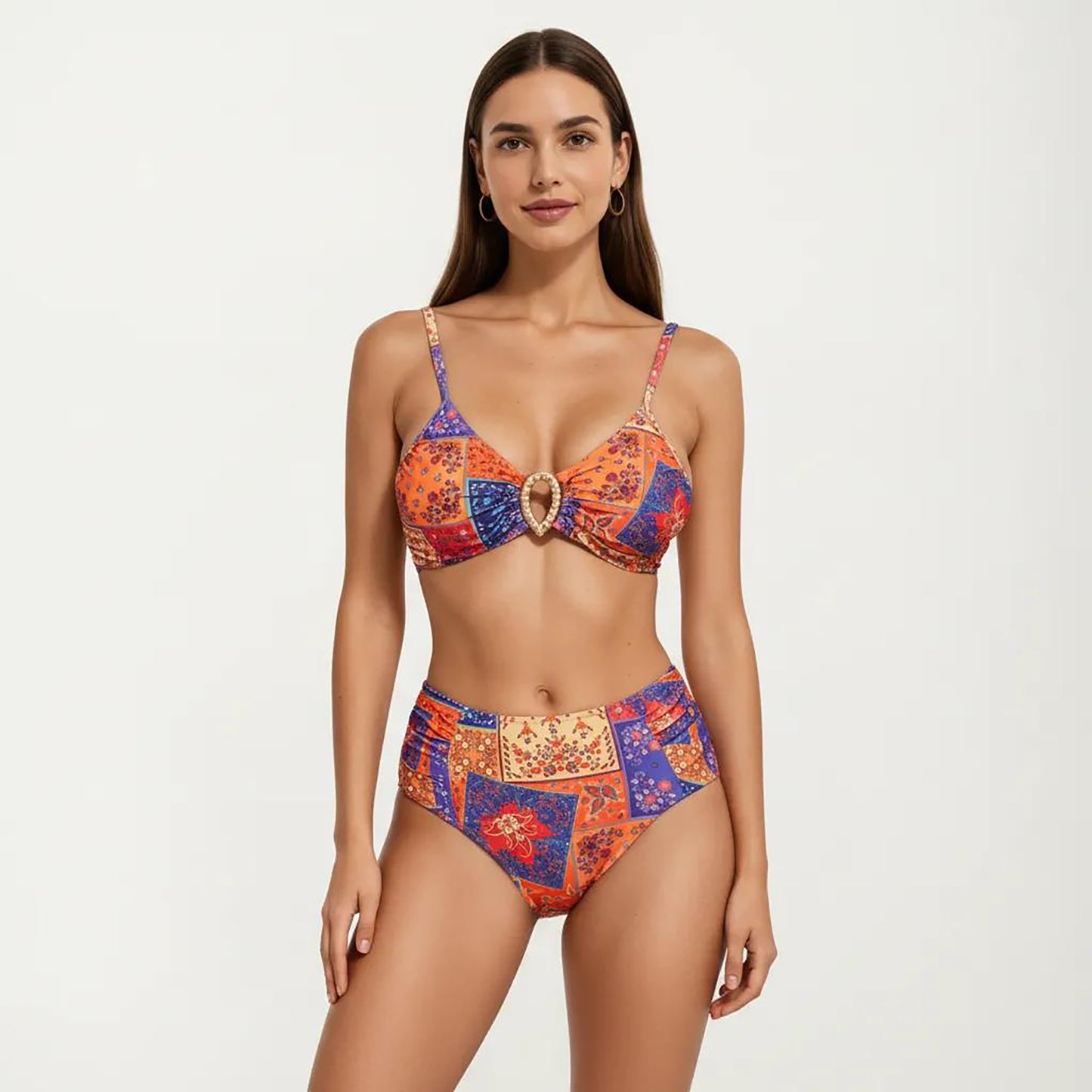 2-Piece High Waisted Bikini Set with Ring Detail Top and Patchwork Print