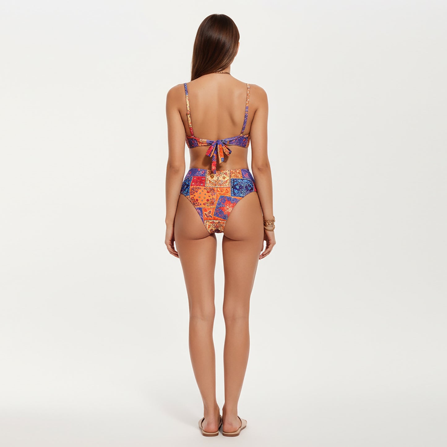 2-Piece High Waisted Bikini Set with Ring Detail Top and Patchwork Print