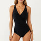 One Piece Swimsuit with Surplice V Neckline and Ruched Waist Shaping Detail