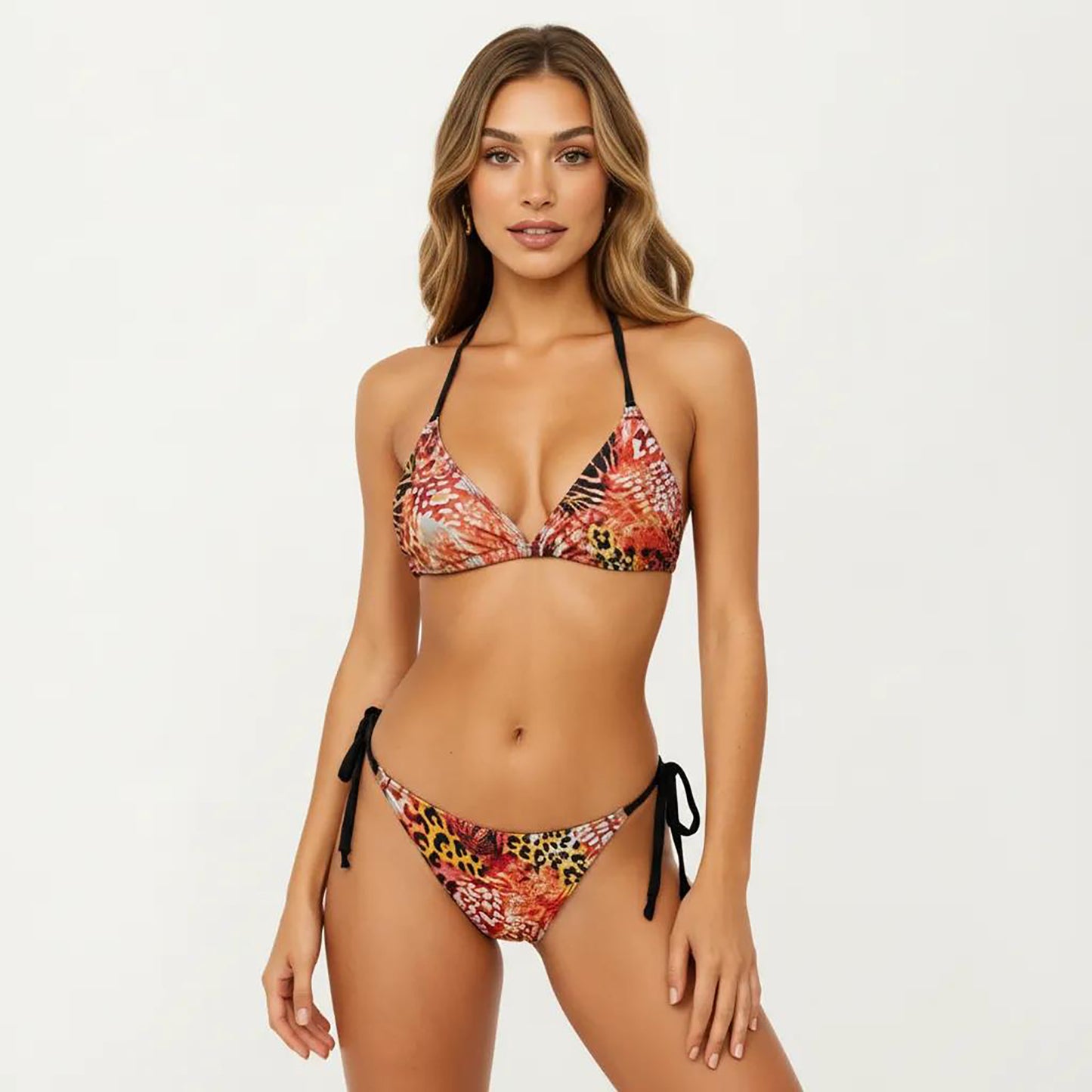 2-Piece Printed Triangle Bikini Set with Adjustable Straps and Side Tie Bottom