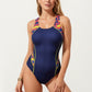 One Piece Athletic Swimsuit with Contrast Side Panels and Scoop Neck Design