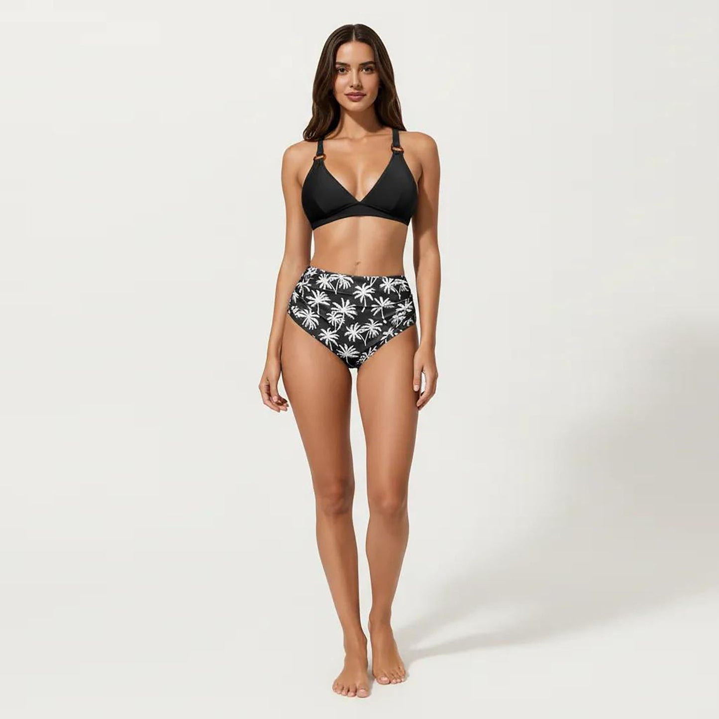 2-Piece High Waisted Bikini Set with Ring Strap Top and Palm Print Bottom