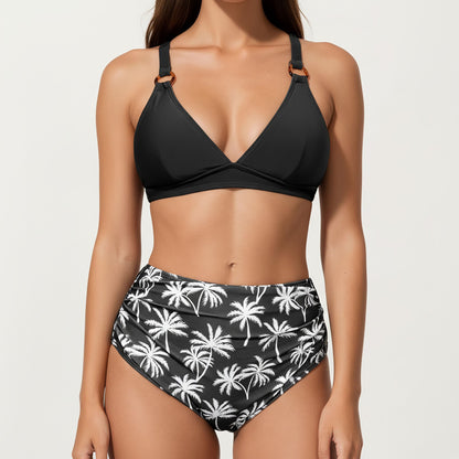 2-Piece High Waisted Bikini Set with Ring Strap Top and Palm Print Bottom