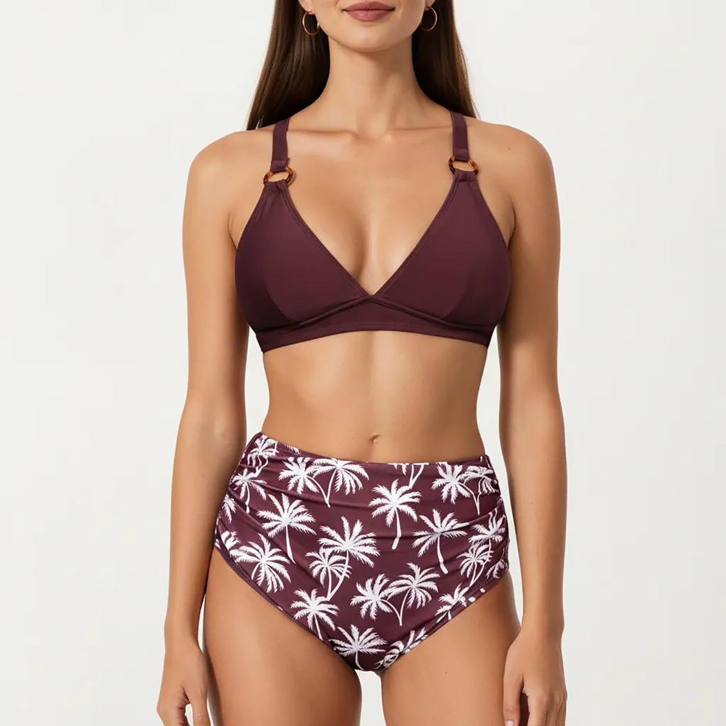 2-Piece High Waisted Bikini Set with Ring Strap Top and Palm Print Bottom