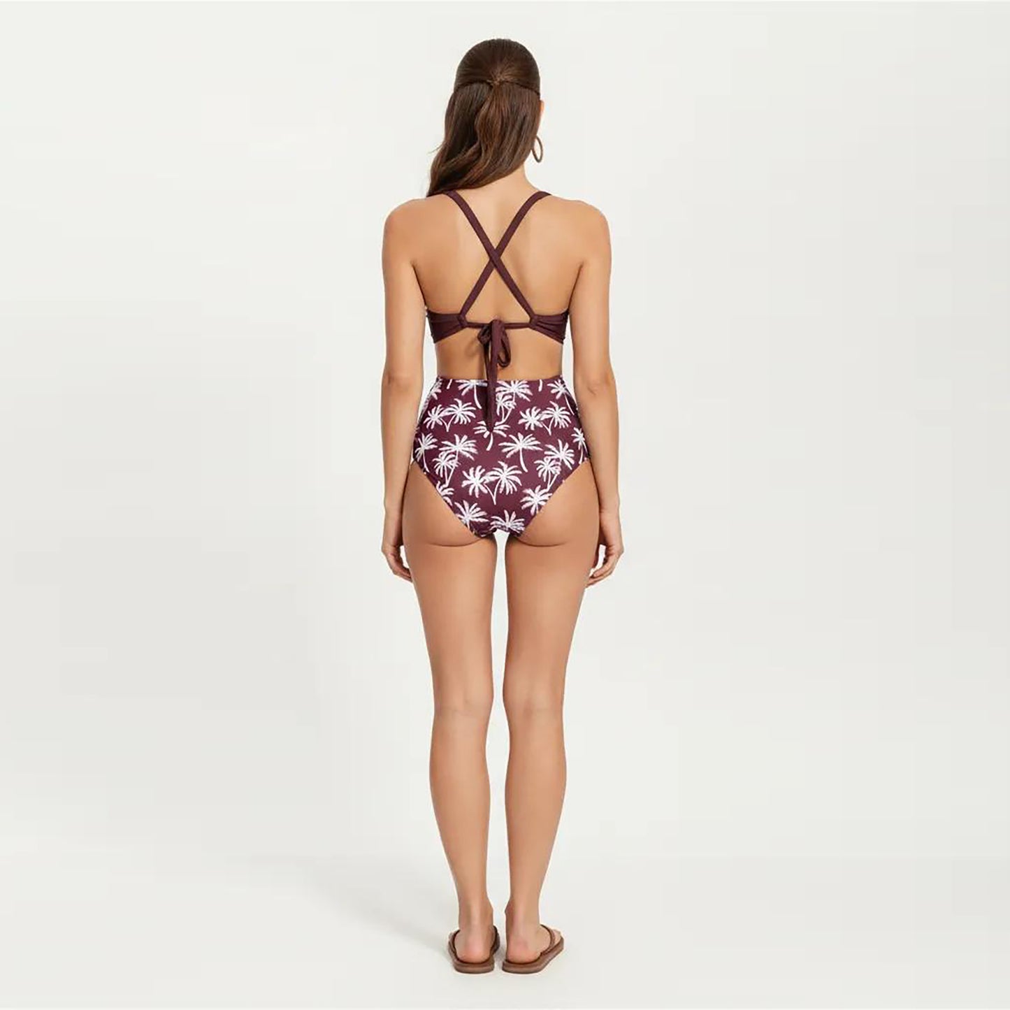 2-Piece High Waisted Bikini Set with Ring Strap Top and Palm Print Bottom