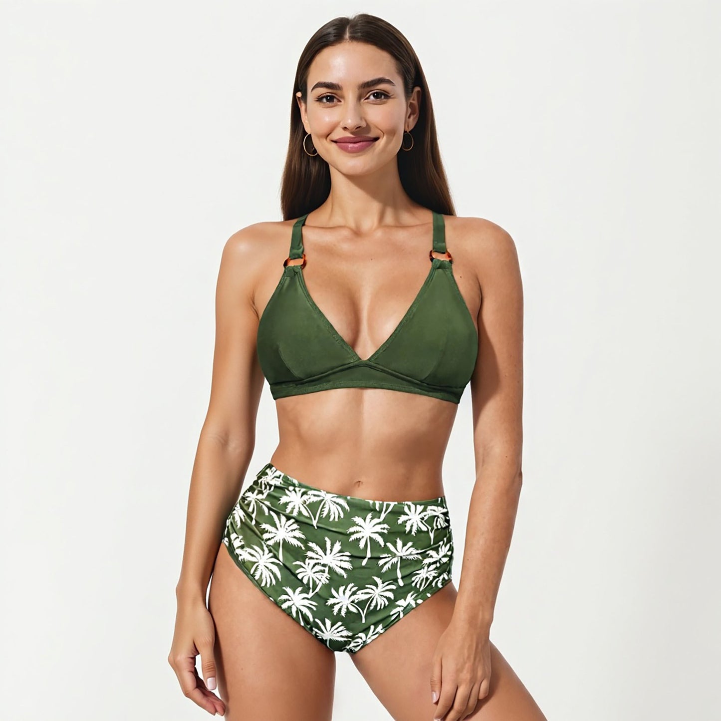 2-Piece High Waisted Bikini Set with Ring Strap Top and Palm Print Bottom