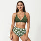 2-Piece High Waisted Bikini Set with Ring Strap Top and Palm Print Bottom