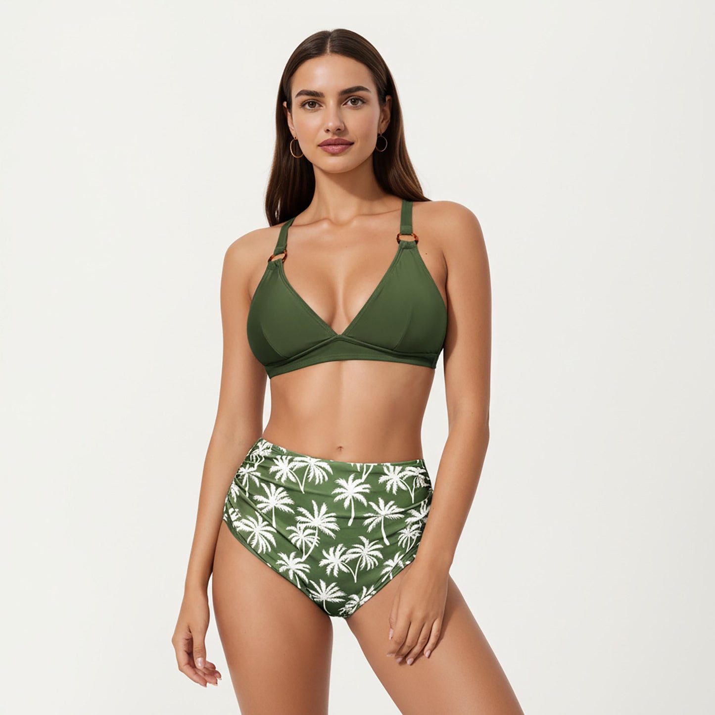 2-Piece High Waisted Bikini Set with Ring Strap Top and Palm Print Bottom