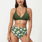 2-Piece High Waisted Bikini Set with Ring Strap Top and Palm Print Bottom