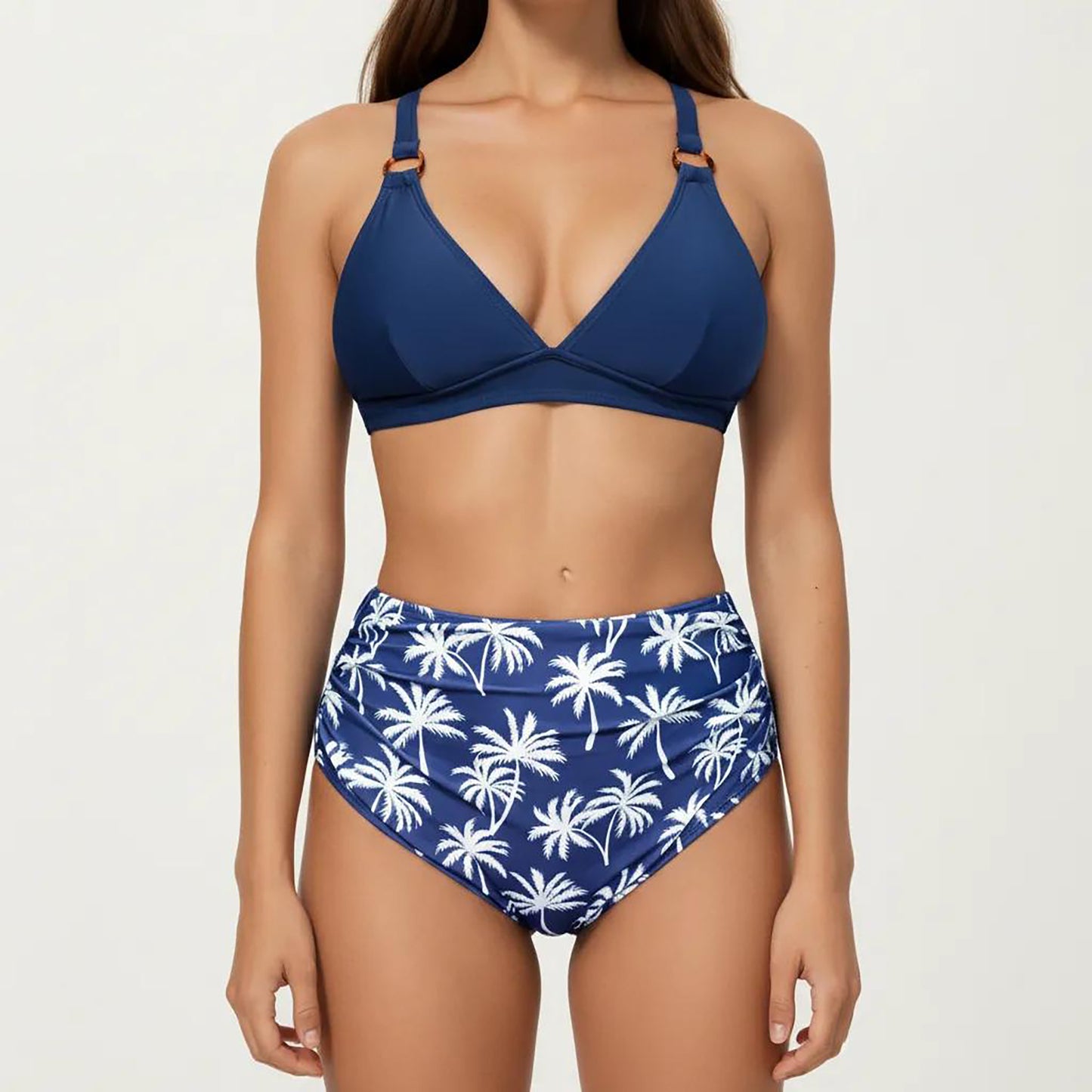 2-Piece High Waisted Bikini Set with Ring Strap Top and Palm Print Bottom