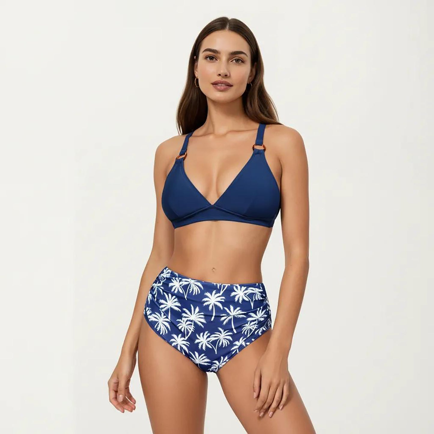 2-Piece High Waisted Bikini Set with Ring Strap Top and Palm Print Bottom