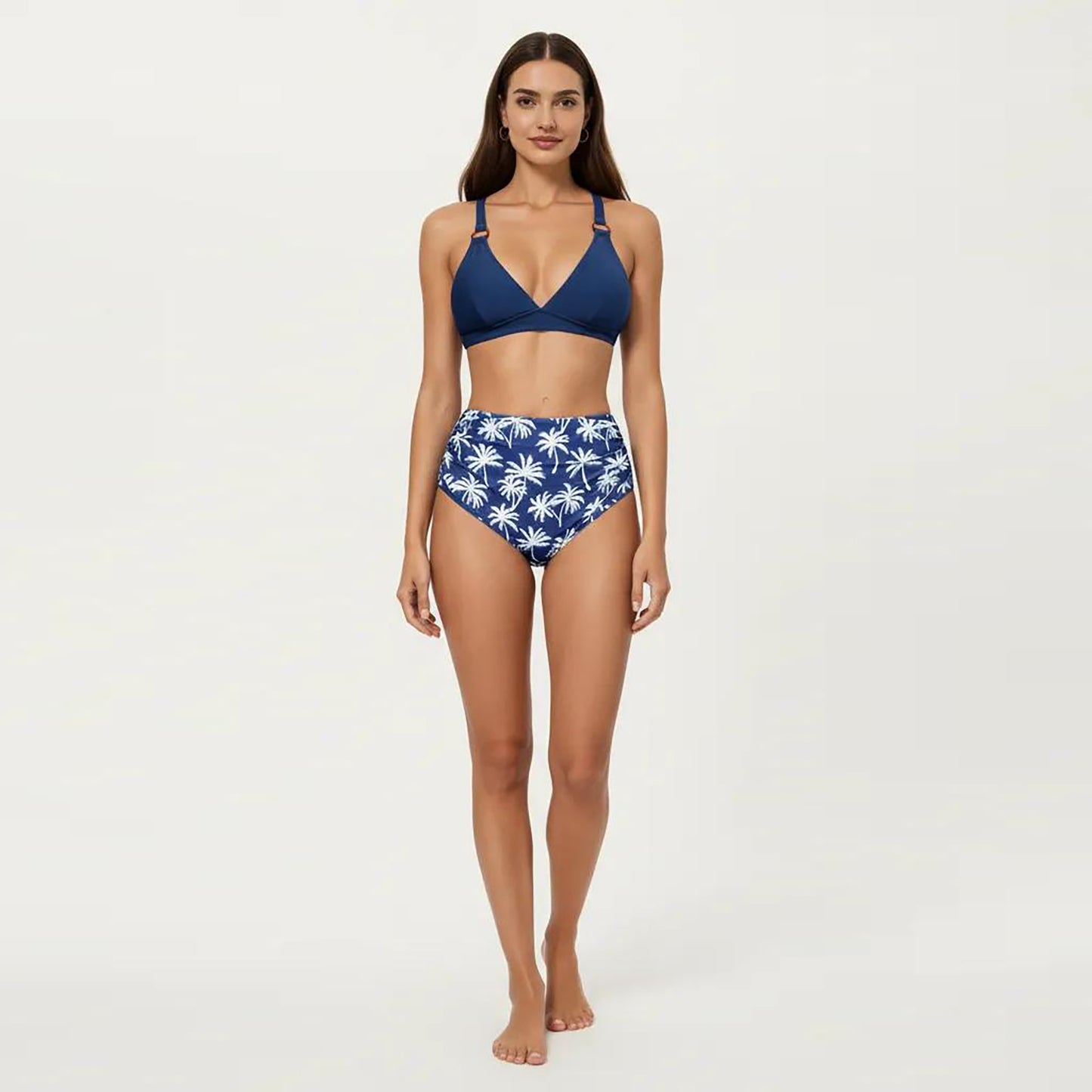 2-Piece High Waisted Bikini Set with Ring Strap Top and Palm Print Bottom