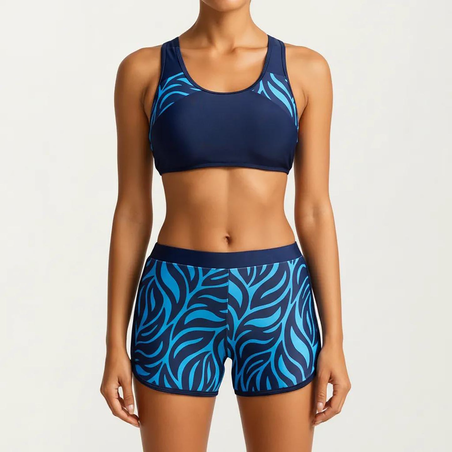 2-Piece Sport Bikini Set with Scoop Neck Crop Top and Printed Swim Shorts