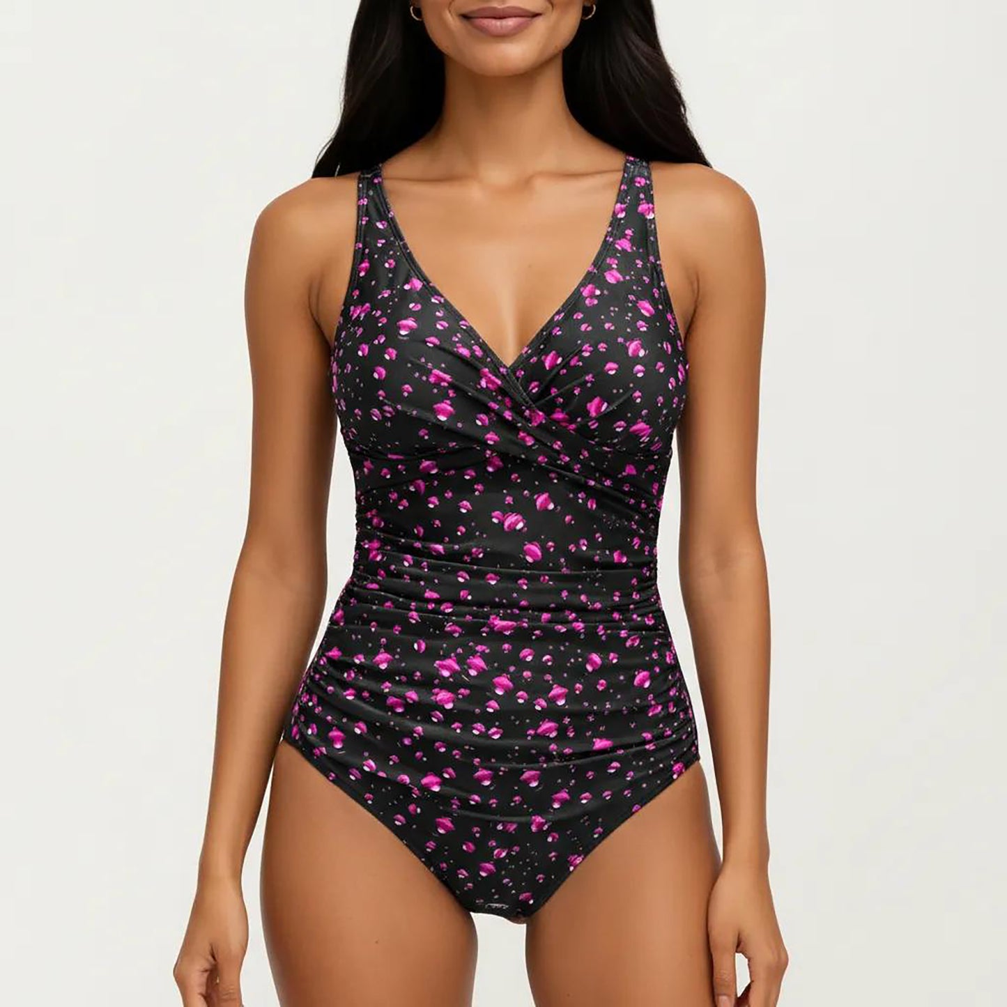 Floral Print One Piece Swimsuit with Surplice V Neckline and Ruched Waist Detail