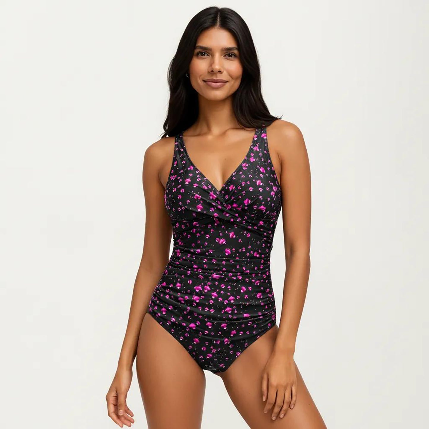 Floral Print One Piece Swimsuit with Surplice V Neckline and Ruched Waist Detail