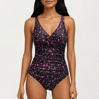 Floral Print One Piece Swimsuit with Surplice V Neckline and Ruched Waist Detail