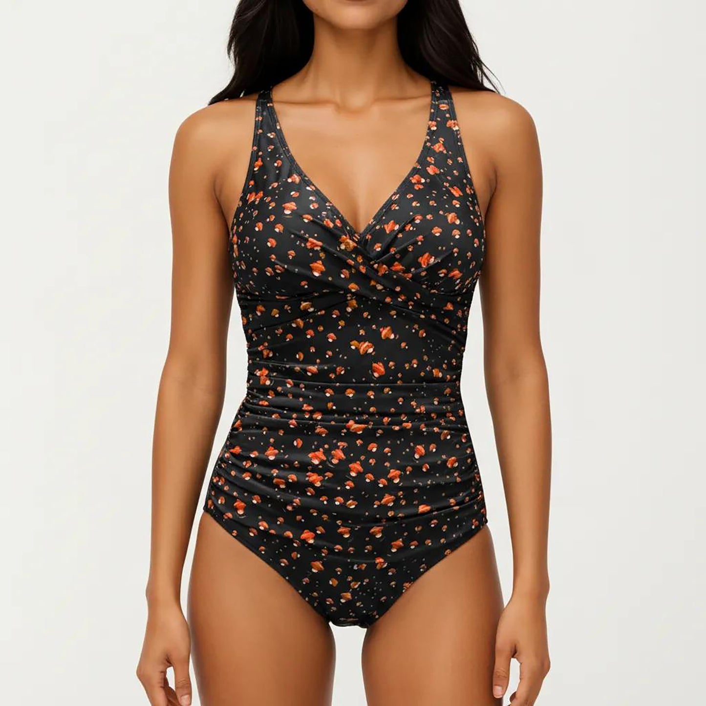 Floral Print One Piece Swimsuit with Surplice V Neckline and Ruched Waist Detail