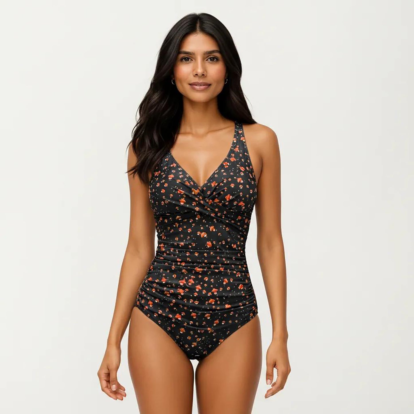Floral Print One Piece Swimsuit with Surplice V Neckline and Ruched Waist Detail