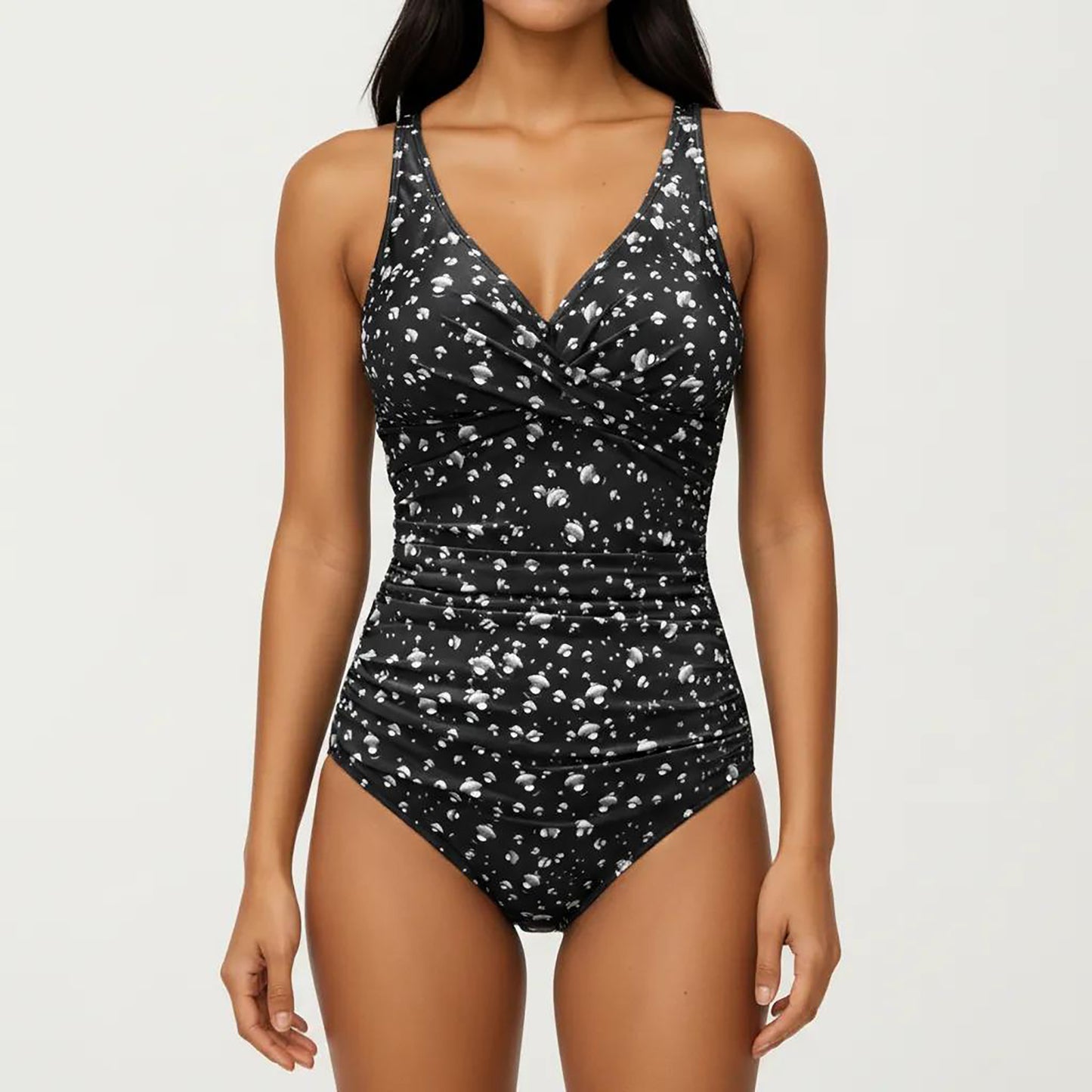 Floral Print One Piece Swimsuit with Surplice V Neckline and Ruched Waist Detail