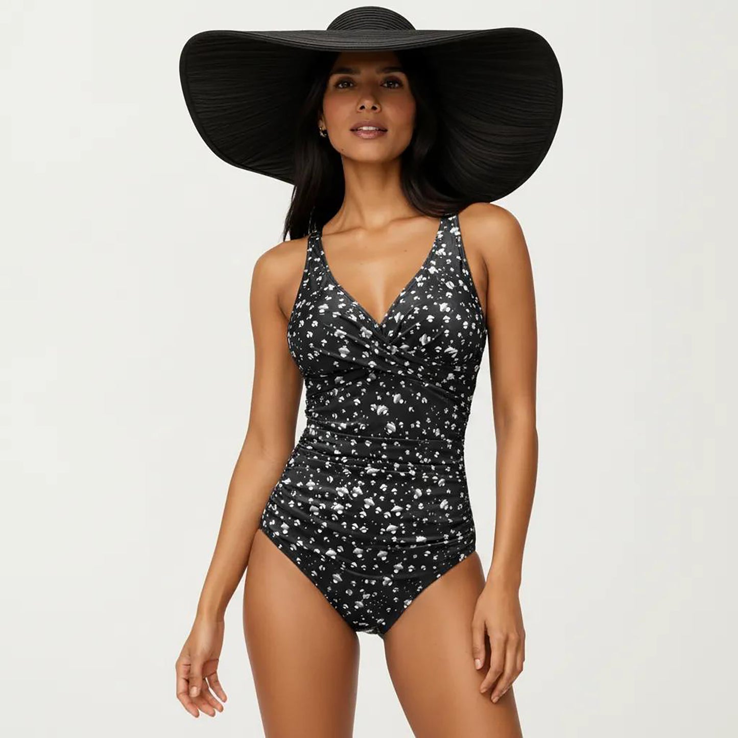 Floral Print One Piece Swimsuit with Surplice V Neckline and Ruched Waist Detail