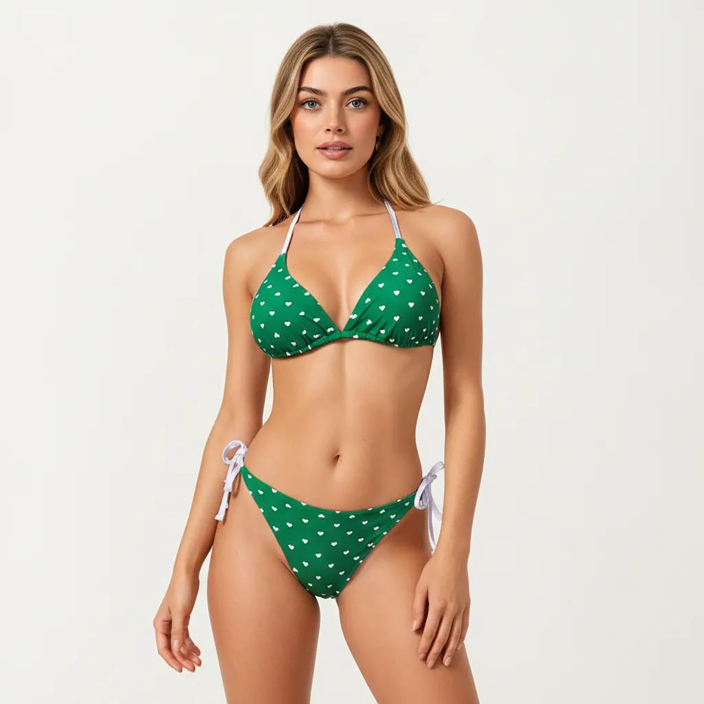 2-Piece Heart Print Triangle Bikini Set with Adjustable Straps and Side Tie Bottom