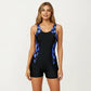 One Piece Swim Romper with Scoop Neckline and Contrast Printed Side Panels