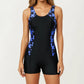 One Piece Swim Romper with Scoop Neckline and Contrast Printed Side Panels