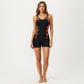 One Piece Swim Romper with Scoop Neckline and Contrast Printed Side Panels