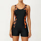 One Piece Swim Romper with Scoop Neckline and Contrast Printed Side Panels
