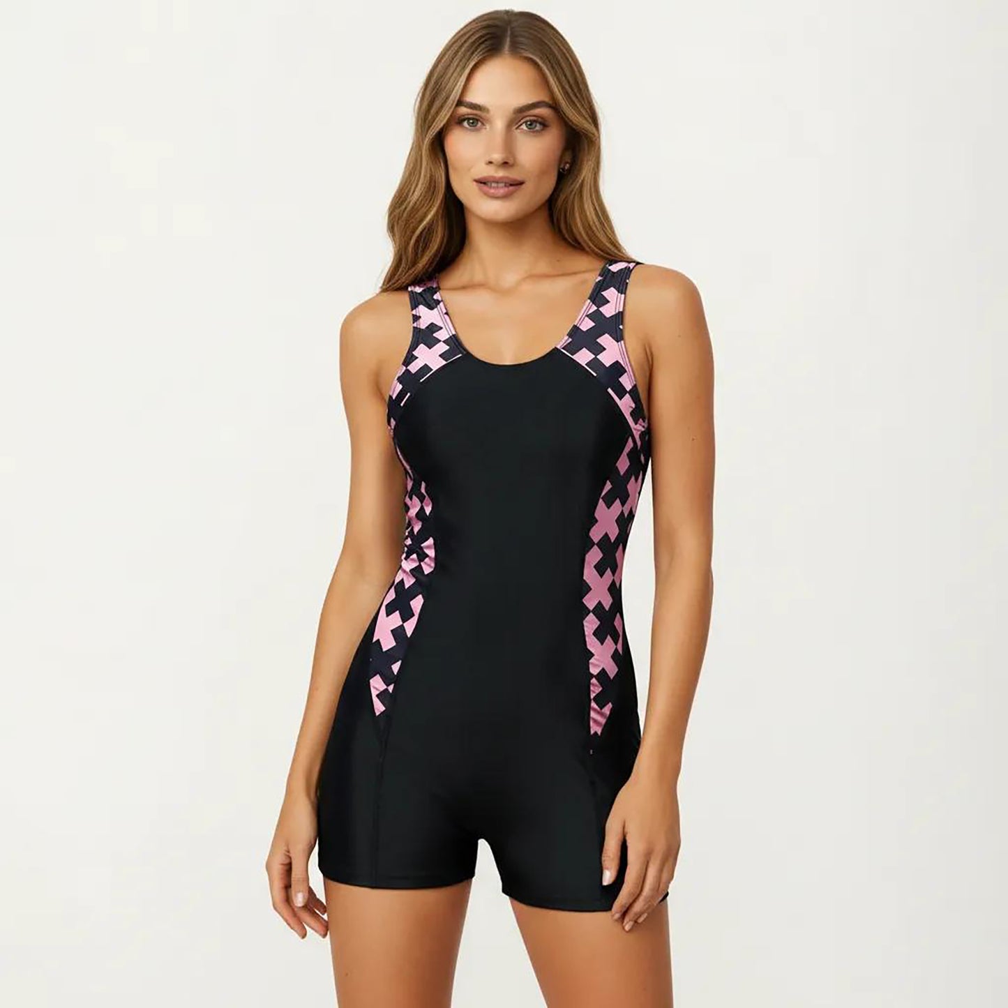 One Piece Swim Romper with Scoop Neckline and Contrast Printed Side Panels