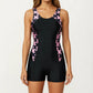 One Piece Swim Romper with Scoop Neckline and Contrast Printed Side Panels