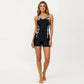 One Piece Swim Romper with Scoop Neckline and Contrast Printed Side Panels