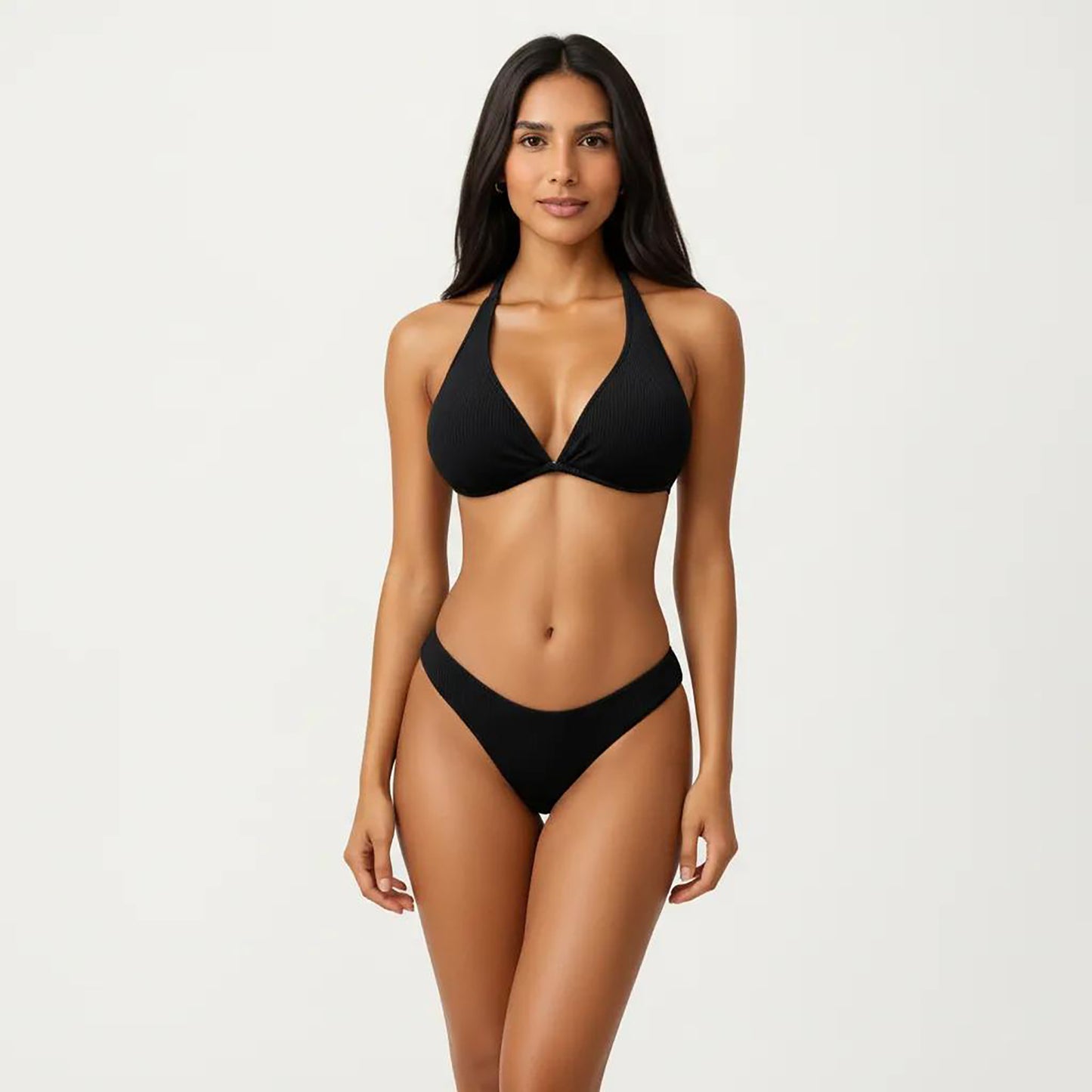 2-Piece Ribbed Triangle Bikini Set with Halter Top and High Cut Bottom