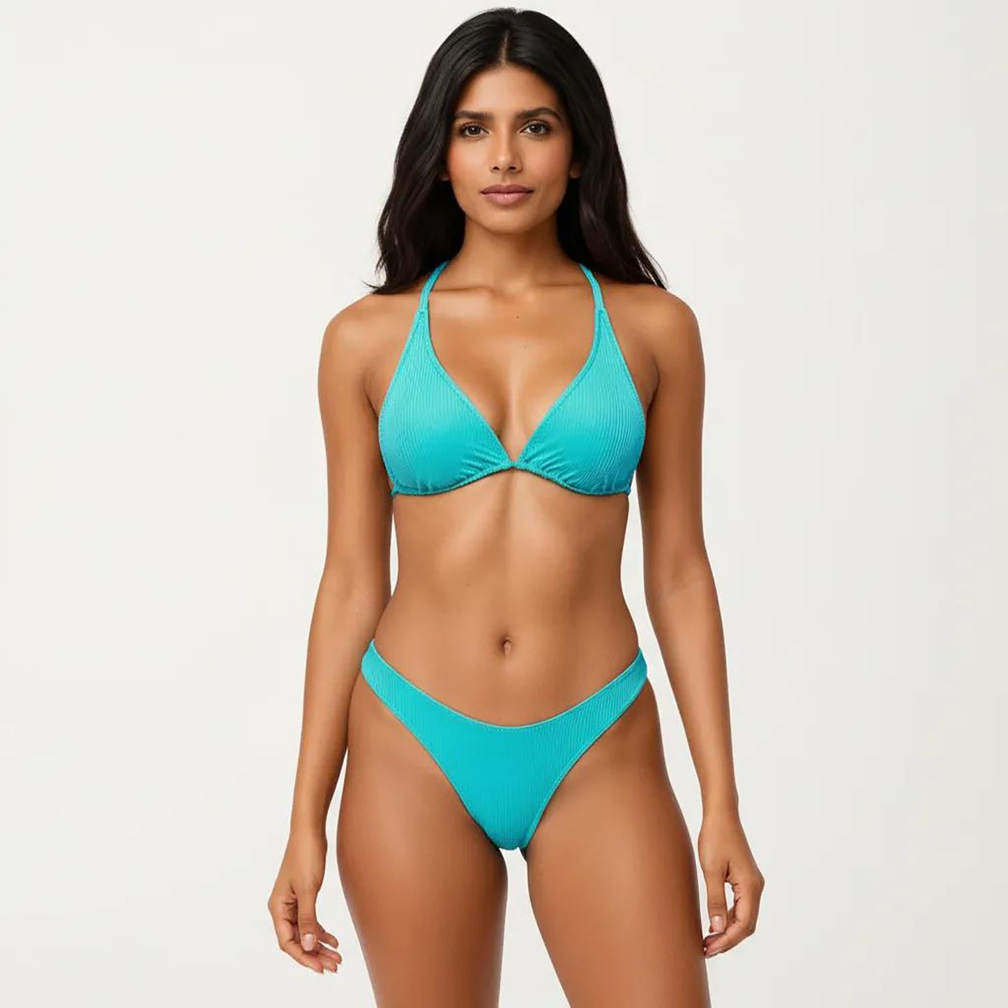 2-Piece Ribbed Triangle Bikini Set with Halter Top and High Cut Bottom