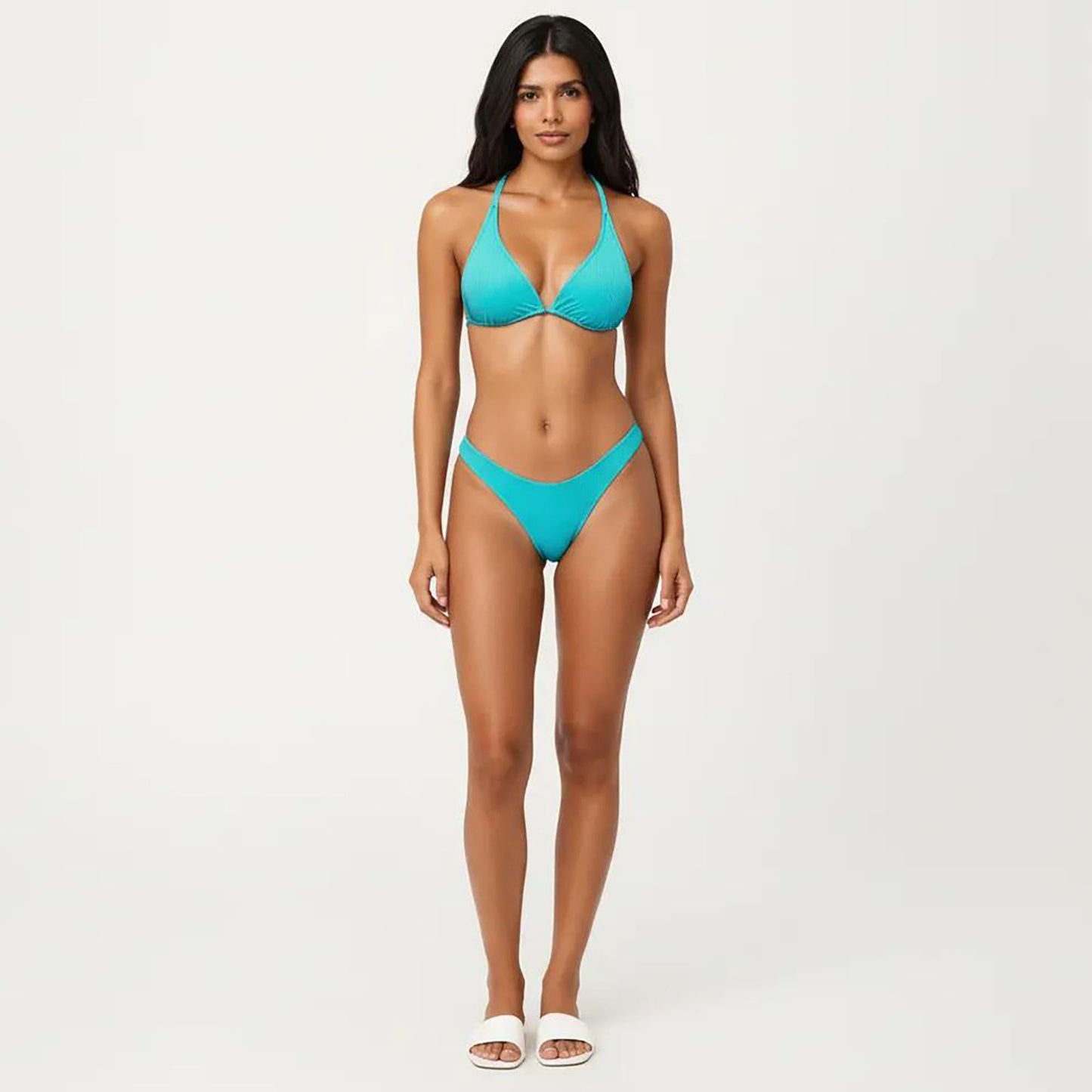 2-Piece Ribbed Triangle Bikini Set with Halter Top and High Cut Bottom