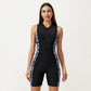 One Piece Swim Romper with Half Zip Front and Printed Side Panel Design