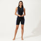 One Piece Swim Romper with Half Zip Front and Printed Side Panel Design