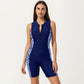 One Piece Swim Romper with Half Zip Front and Printed Side Panel Design