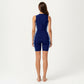 One Piece Swim Romper with Half Zip Front and Printed Side Panel Design