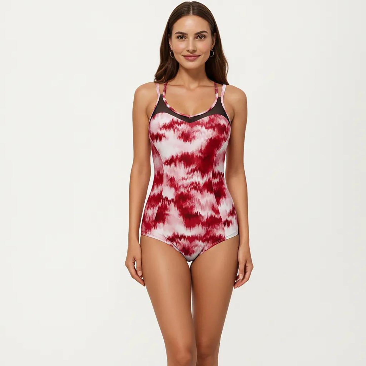 Tie Dye One Piece Swimsuit with Mesh Sweetheart Neckline and Racerback Straps