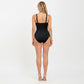 Striped Wrap Front One Piece Swimsuit with V-Neckline and Smoothing Midsection Panel