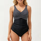 Striped Wrap Front One Piece Swimsuit with V-Neckline and Smoothing Midsection Panel