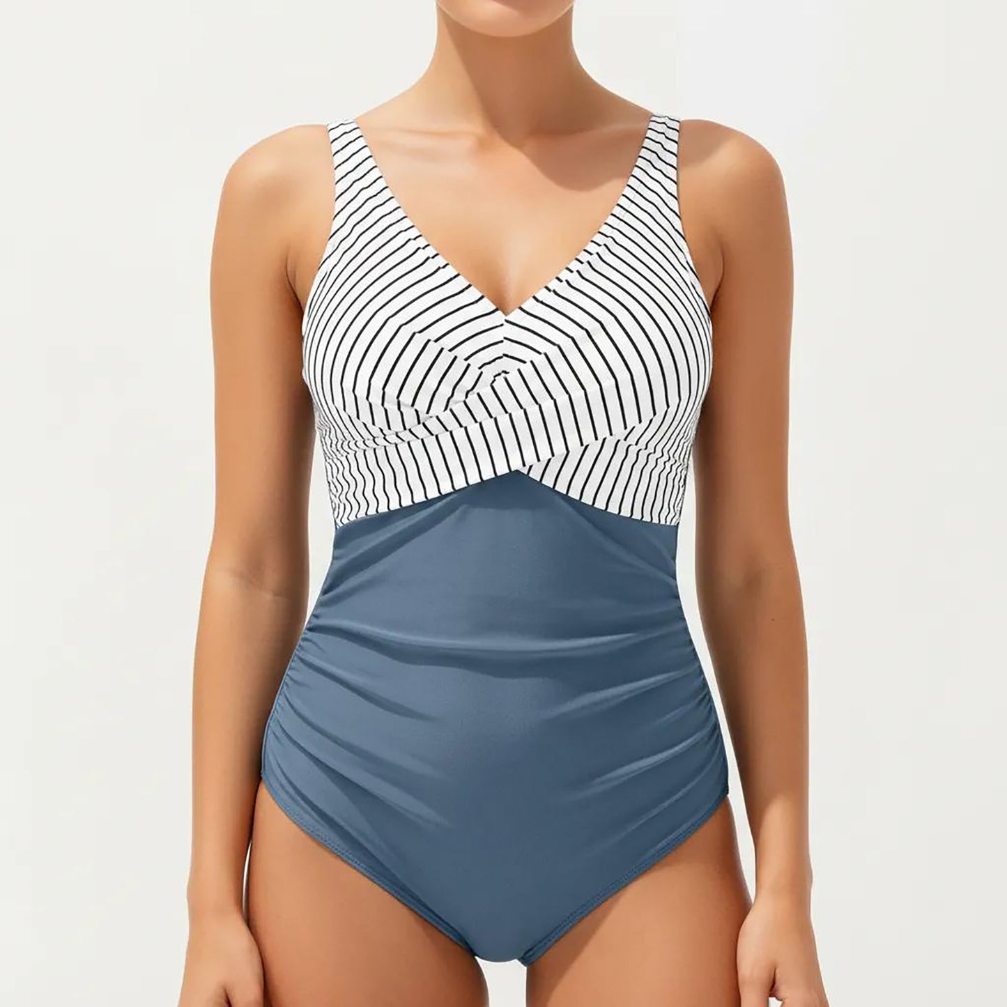 Striped Wrap Front One Piece Swimsuit with V-Neckline and Smoothing Midsection Panel