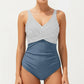 Striped Wrap Front One Piece Swimsuit with V-Neckline and Smoothing Midsection Panel